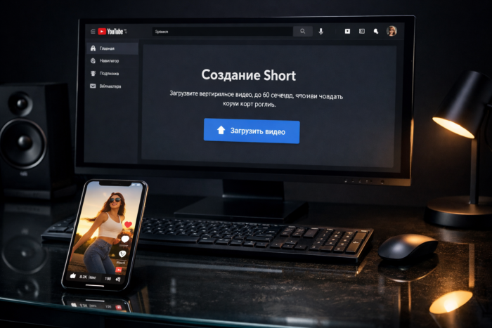 Интерфейс YouTube для загрузки Shorts на компьютере и готовый ролик на смартфоне.