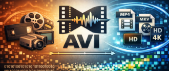 Логотип AVI и его техническая эволюция от старых форматов к современным MP4 и MKV.