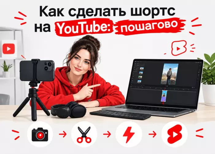 Инструкция по созданию YouTube Shorts: съемка на смартфон и монтаж в ноутбуке.