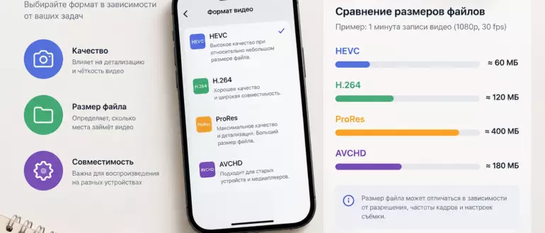 Сравнение размеров файлов и совместимости форматов видео: HEVC, H.264, ProRes, AVCHD.