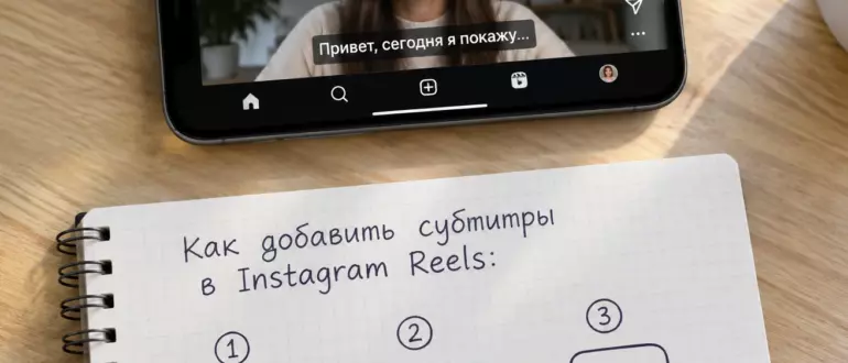 Пошаговая схема добавления субтитров в Reels: откройте видео, нажмите плюс, затем иконку текста.